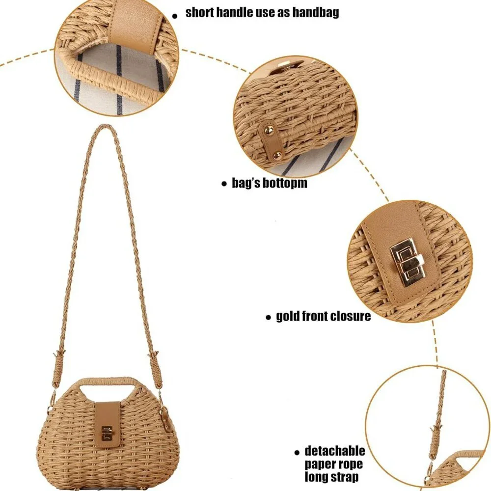 Straw Clutch Purses for Women Rattan Woven Beach Handbag Summer Purse with Detac - Picture 2 of 8